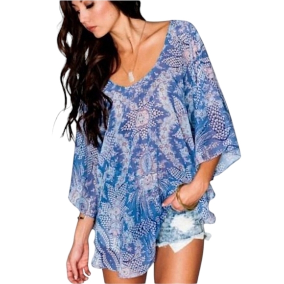 Show Me Your MuMu Blue Print Sheer Tunic 3/4 Sleeves Flowy Relaxed Fit Sz XS - Picture 6 of 7